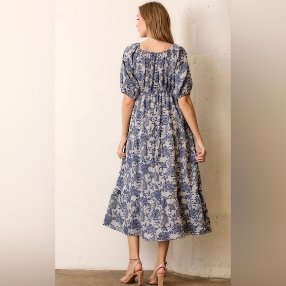 POLAGRAM Blue And White Jacquard Puff Sleeve Midi Dress - Picture 3 of 7